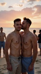 Fototapeta premium A sun-soaked beach at twilight featuring diverse young gay men promoting inclusivity and belonging within the LGBTQ community