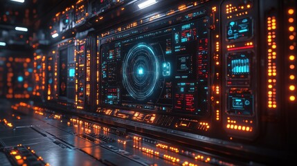 Obraz premium Futuristic control room with glowing interfaces and data displays.