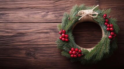 Christmas wreath with green pine branches and red berries on wooden background