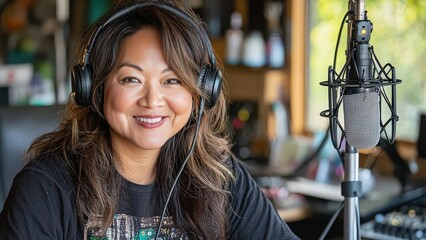 Engaged Asian Radio Host Conducting Phone Interview