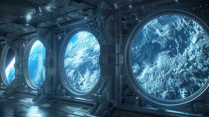 Futuristic Spaceship Interior With Earth View And Large Windows