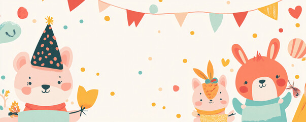 Fototapeta premium Cartoon cute concept with pastel-colored animals holding New Year's banners, space for text on the side. Created by using generative AI tools.