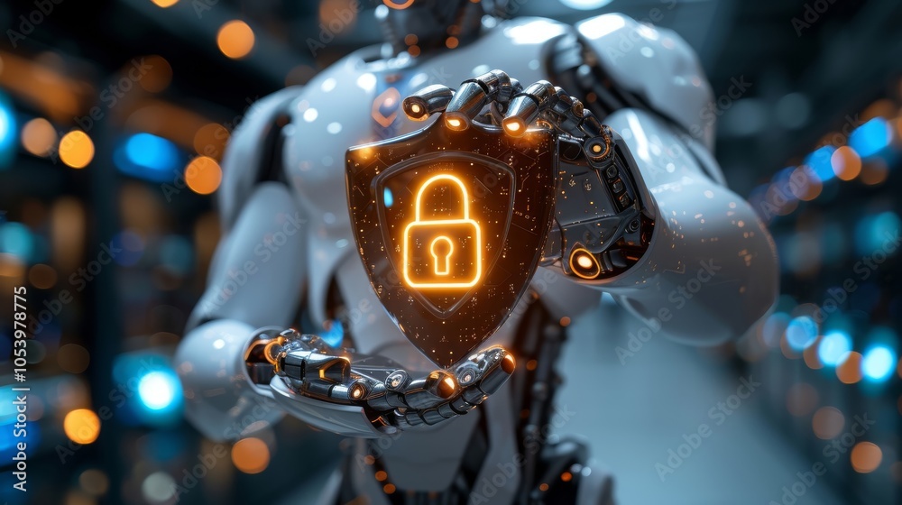 Aufkleber A futuristic robot holding a glowing shield symbolizing cybersecurity. The background features abstract patterns of light, emphasizing a high-tech environment.