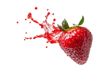 Strawberry fruit with splashes of refreshing juice and less drops falling in the air isolated on background, Juicy Fruit for refreshment.