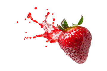Strawberry fruit with splashes of refreshing juice and less drops falling in the air isolated on background, Juicy Fruit for refreshment.
