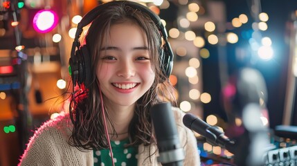 Smiling Female DJ Wearing Headphones at Gig