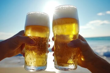 Beach Beer Cheers: Two hands clinking frosty beer glasses against the backdrop of a sunny beach and ocean waves. Pure relaxation and summer vibes. 