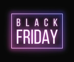 Black friday banner, pink and purple neon text with neon frame on black background, for website, social media, newsletter, email marketing,  offer, discount, sale, promotion	