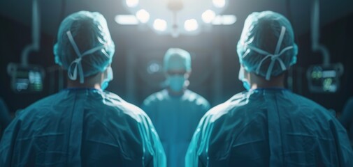 Surgeons in scrubs prepare for a procedure in a modern operating room, highlighting teamwork and professionalism in healthcare.