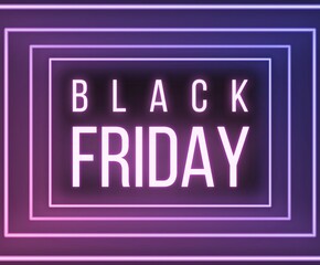 Black friday neon web banner pink and purple neon text with neon frame on black background, for website, social media, newsletter, email marketing, black friday offer, discount, sale, promotion	