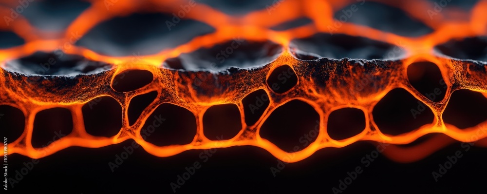 Poster a close-up image showcasing a textured surface with vibrant orange and black colors, resembling hone