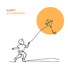 Creative Continuous Line Art of a boy flying kite on Makarsankranti