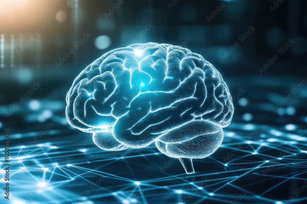 Poster a digital rendering of a brain with abstract connections, representing advanced technology and the c