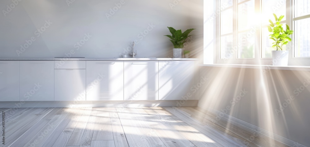 Aufkleber Bright and airy interior with natural light streaming through a window, creating a serene atmosphere in a modern space.