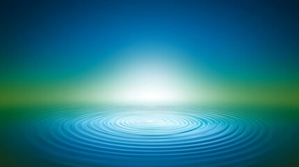 Fototapeta premium Abstract blue and green water background with ripples and a bright light in the center.