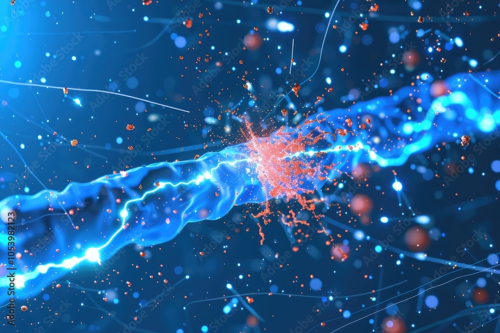 Poster subatomic particle collisions, exploring the dynamic interplay of particles and light, revealing bre