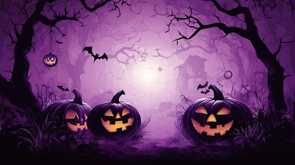 Fototapeta premium Halloween haunting lavender vector backdrop featuring whimsical pumpkin designs