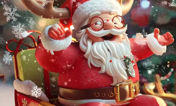 Santa Claus and Reindeer in Winter Wonderland, 3d cartoon illustration