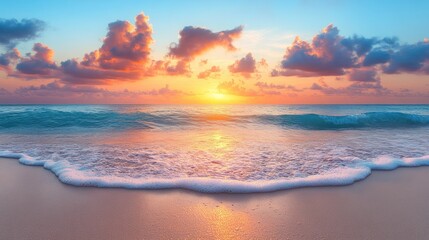 Obraz premium Sunset Over a Tranquil Ocean with Rolling Waves and a Sandy Shore