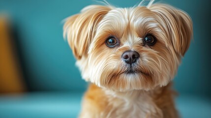 A small dog with a brown and white coat is sitting on a couch. Generative AI