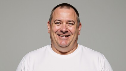 Obraz premium Middle-aged overweight man in white T-shirt Obese with a large stomach smiles at the camera Isolated
