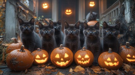 Fototapeta premium A festive scene with black cats and carved pumpkins for Halloween.