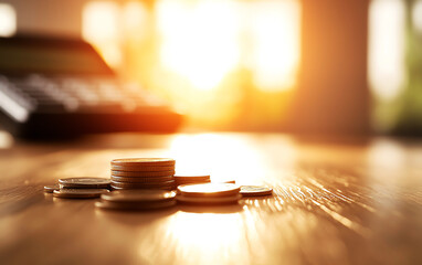Fototapeta premium Close-up of stacked coins on a wooden surface with a warm glowing background, symbolizing finance and investment.