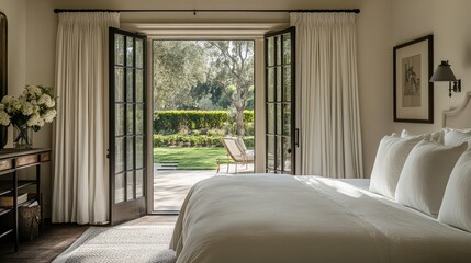 Obraz premium A luxurious bedroom with French doors opening to a terrace, featuring a king bed dressed in white linens and a serene garden view.