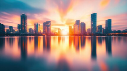 Fototapeta premium A mesmerizing sunset scene featuring blurred city buildings with their reflections on the water, creating a harmonious blend of colors and shapes.