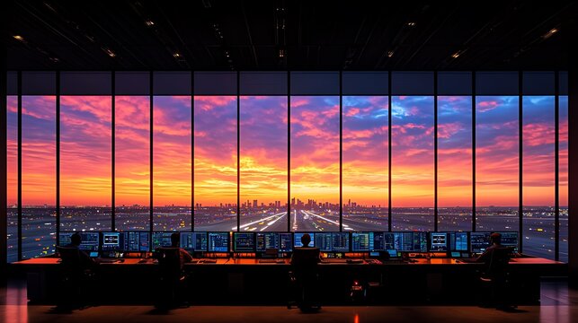 Air traffic controllers in a control tower with a beautiful sunset and city skyline view.