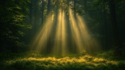 Sunlight streaming through a dense forest, creating a serene atmosphere.
