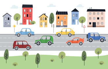 Cute cars on the background of a city with a park. Illustration in child style transport. Personal car, SUV, sports car. Vector illustration © Igor