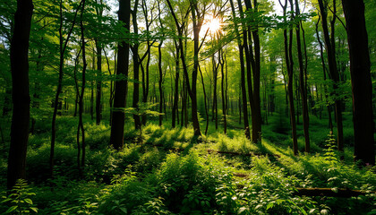 Obraz premium Tranquil forest path with sunbeams through trees