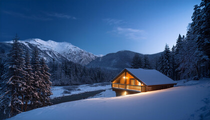Paisaje en la monta&ntilde;a con todo nevado, un r&iacute;o y una caba&ntilde;a de madera. D&iacute;a soleado. Vista preciosa, evocadora, rom&aacute;ntica