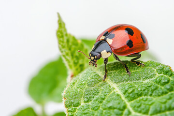Obraz premium A close-up of a bright red ladybug perched on a green leaf, showcasing its distinctive black spots against a soft, blurred background.