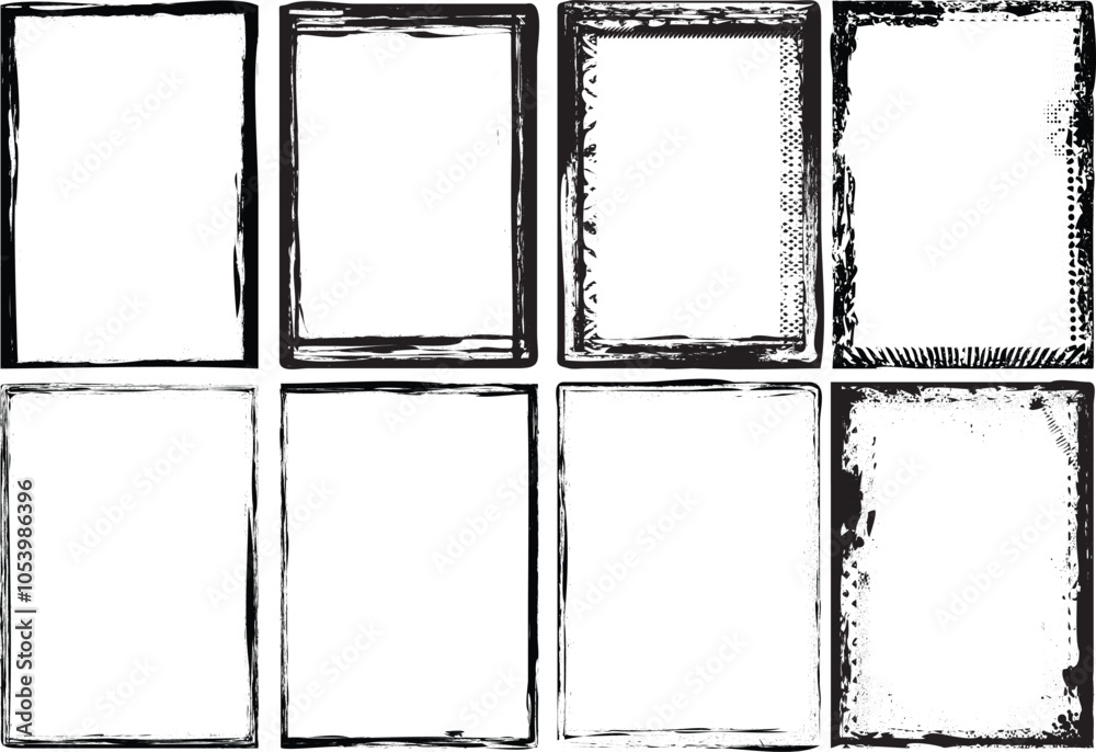 Poster Set of vector border frames with rough edges . Rectangular frame template collection . distress texture . Grunge tiny frame borders isolated on the background . Rough edges effect . Rectangles pack.