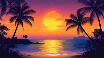 Obraz premium A peaceful beach scene with palm trees in silhouette, framed by the glowing sun and a gradient sky of orange and purple hues.