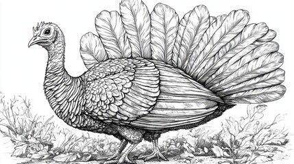 Naklejka premium A majestic peacock displaying its extravagant plumage amidst lush greenery in an enchanting natural setting during the afternoon