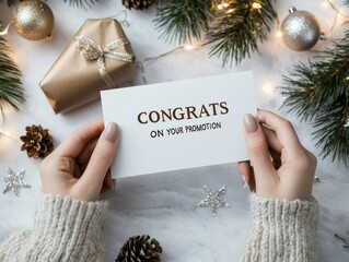 Hands in cozy sweater hold a card reading 'Congrats on Your Promotion,' set against festive holiday decor of pine and lights