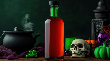 Halloween Potion in Glass Bottle with Spooky Props