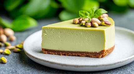 A slice of pistachio cheesecake with a graham cracker crust, topped with pistachios and a sprig of basil.