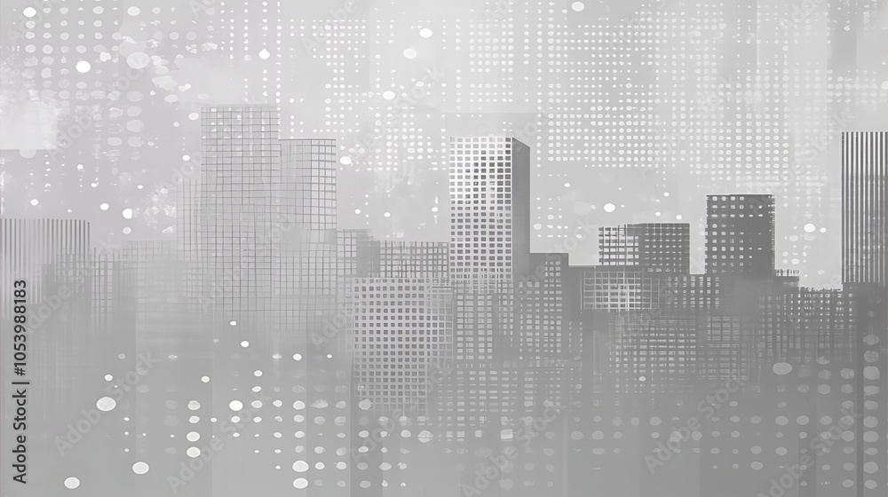 Poster abstract cityscape with a digital pattern in a gray background.