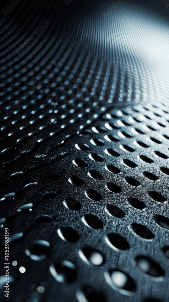 Poster close-up of a textured metal surface with circular patterns creating a flowing wave effect in dim li