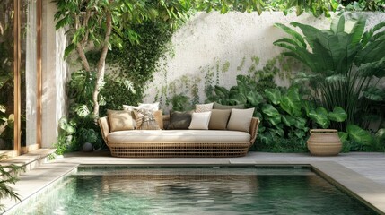 Fototapeta premium A rattan sofa at the poolside, surrounded by lush greenery and water reflections, creating a calming retreat.