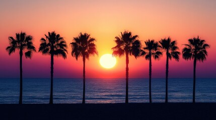 Obraz premium A row of palm trees silhouetted against the backdrop of a glowing sun, with a gradient sunset sky creating a calm beach atmosphere.