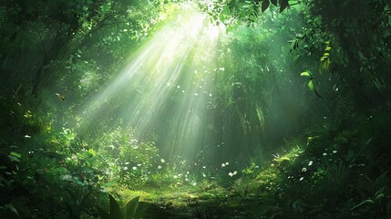 Obraz premium Lush green forest with sunlight filtering through the trees.