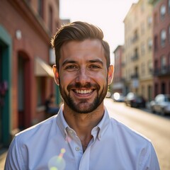 Obraz premium A cheerful bearded gay man captured in a casual urban scene bathed in warm natural light