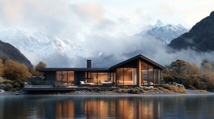 Fototapeta premium Modern house by a serene lake with mountains in the background.
