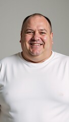 Obraz premium Obese middle-aged man with an enlarged stomach wears a white t-shirt in an unflattering pose