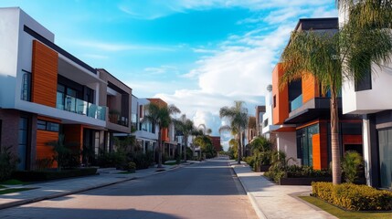 Fototapeta premium Modern residential street with contemporary houses and palm trees.